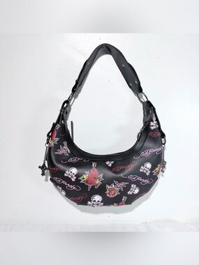 Ed Hardy Black Shoulder Bag with Pink & White Skull Rose Prints NWT